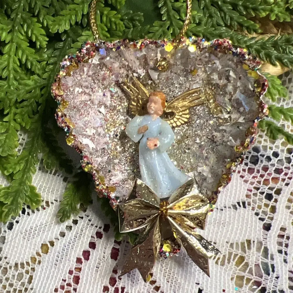Vintage Heart Tart Tin Blue Angel Diorama Mid Century Ornament Glitter Christmas
